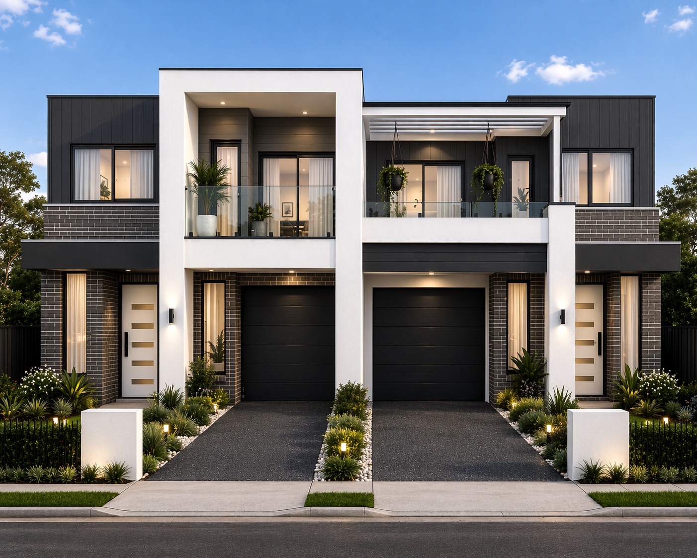 Contemporary double-storey duplex with twin balconies and dark brick base