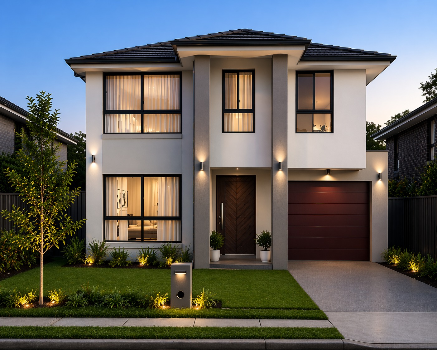 Rendered double-storey façade with hipped tile roof glowing at dusk