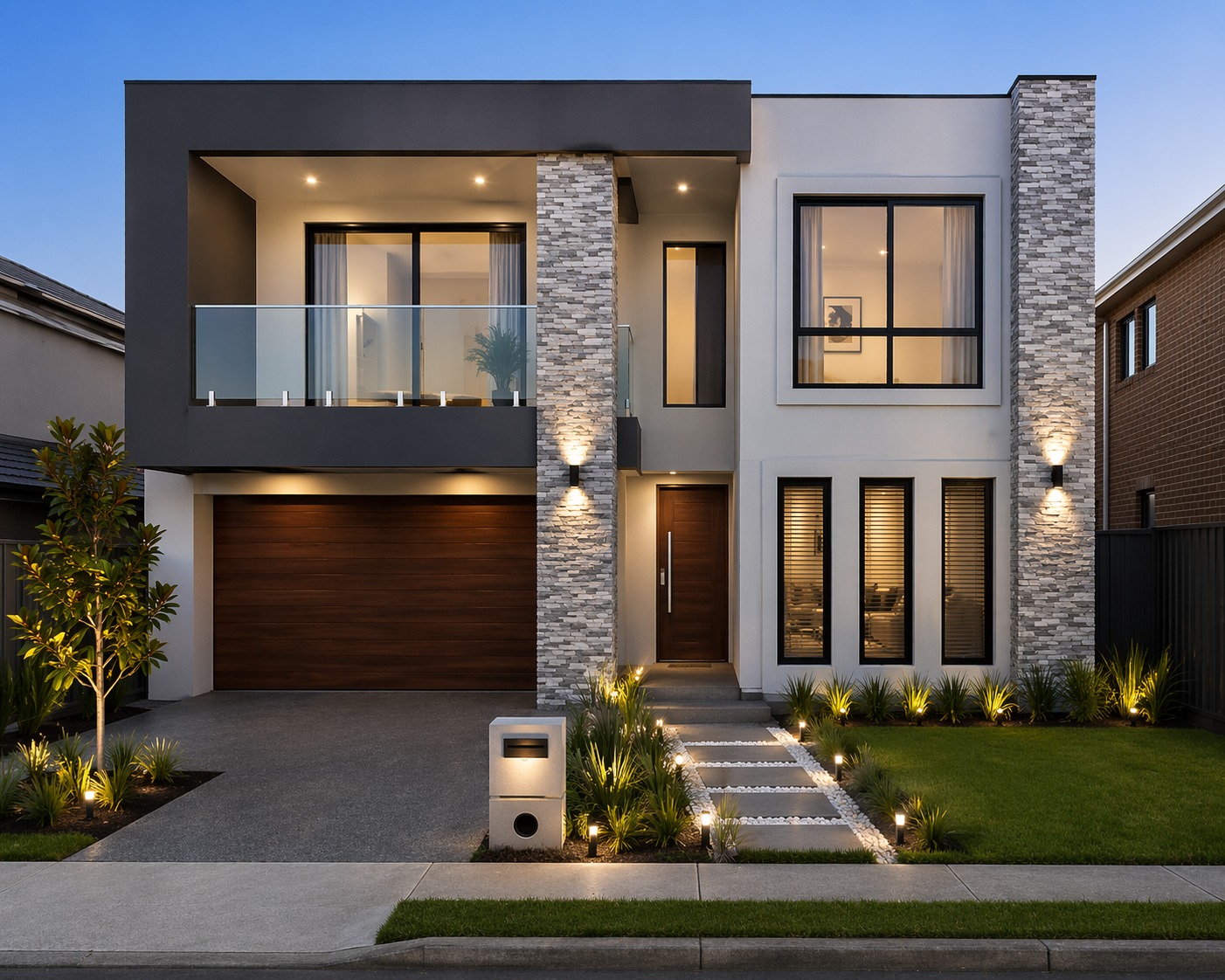 Double-storey home with stacked stone columns, glass balcony and timber garage