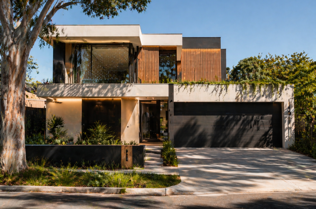 Contemporary double-storey home with timber screen façade