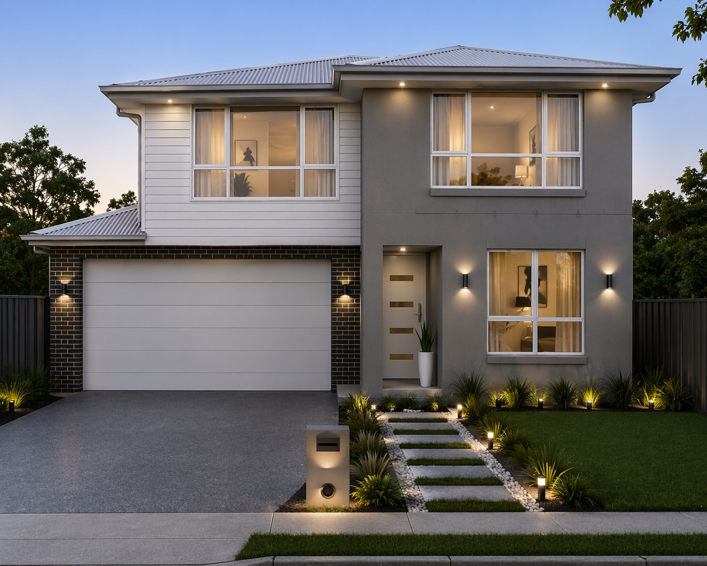 Double-storey home with weatherboard upper level and landscaped entry path at dusk