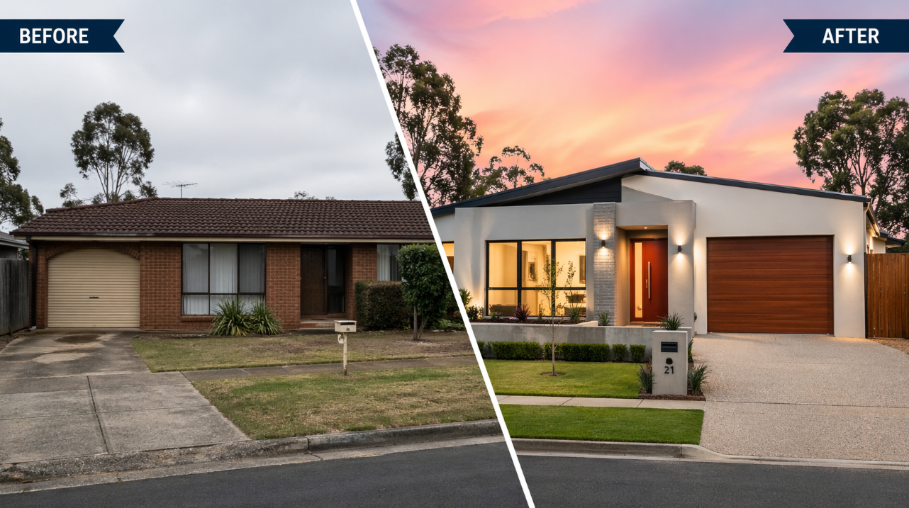 Before and after of a brick-veneer home rebuilt as a contemporary single-storey residence