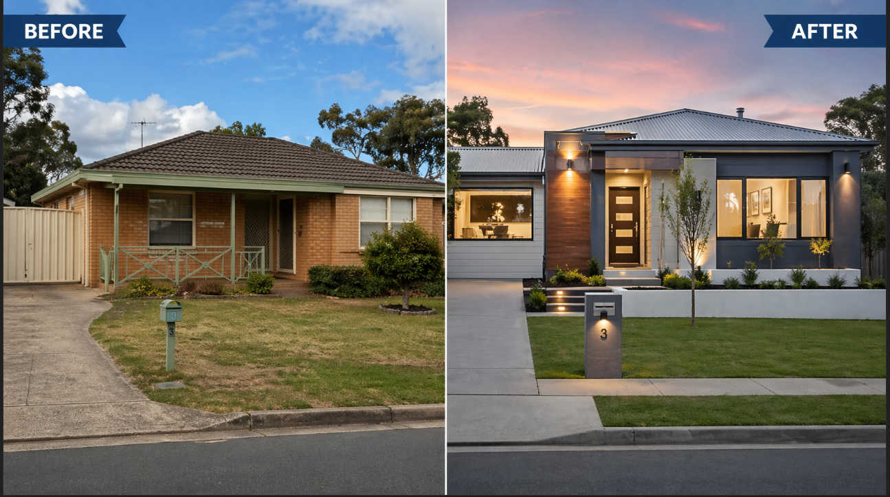 Before and after of a tired weatherboard rebuilt as a moody architectural home