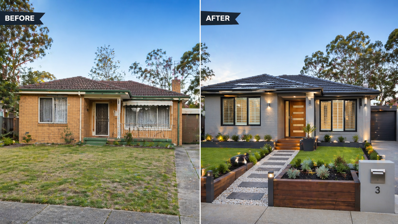 Before and after of a dated brick home rebuilt with rendered finishes and landscaped garden