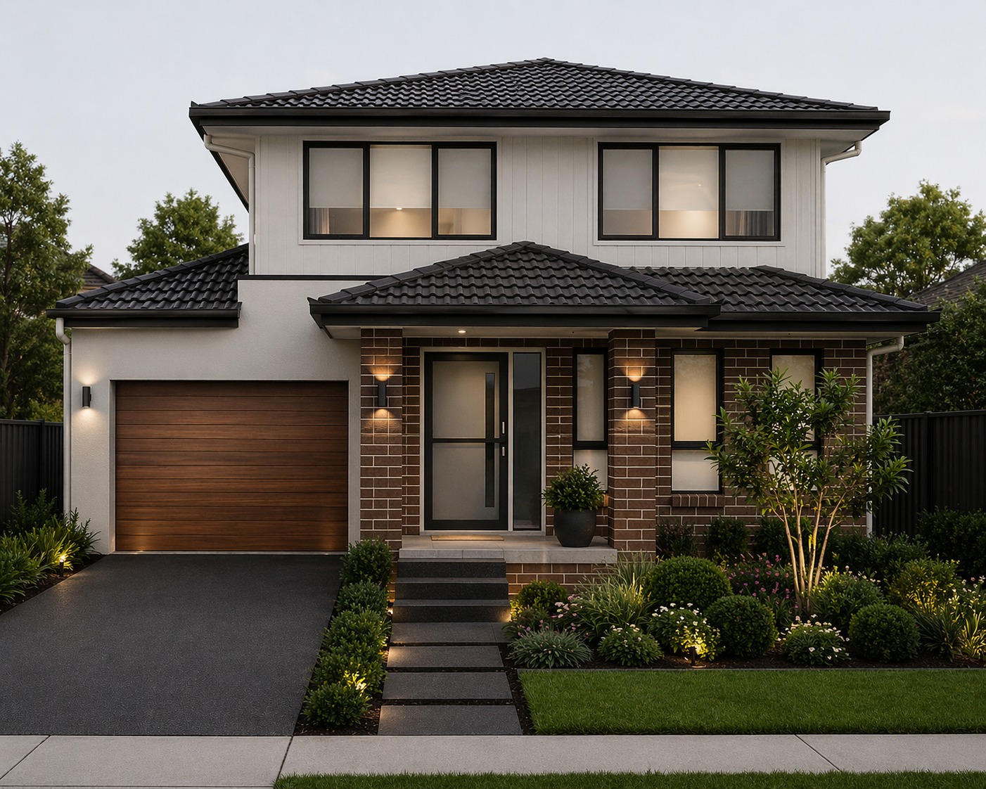 Completed double-storey brick rebuild at dusk