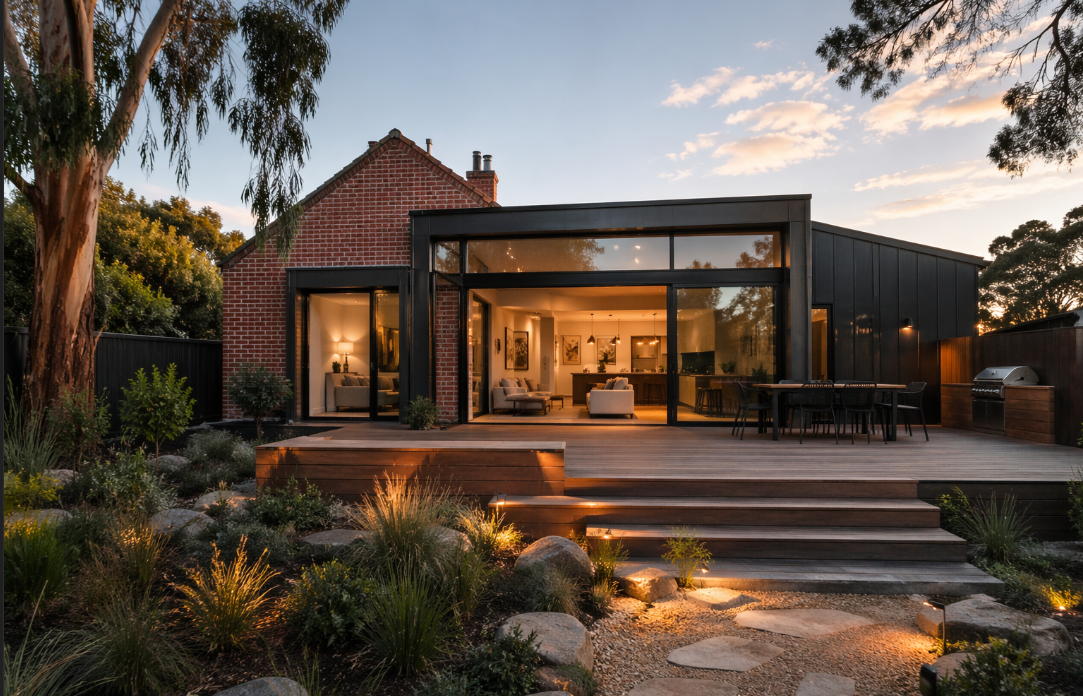 Brick cottage extended with a contemporary glass and steel addition