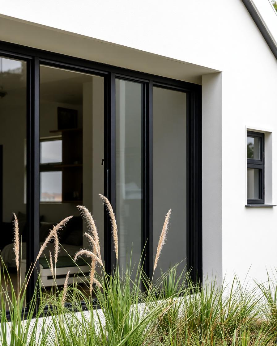 Australian renovated home detail with black steel windows and native grasses