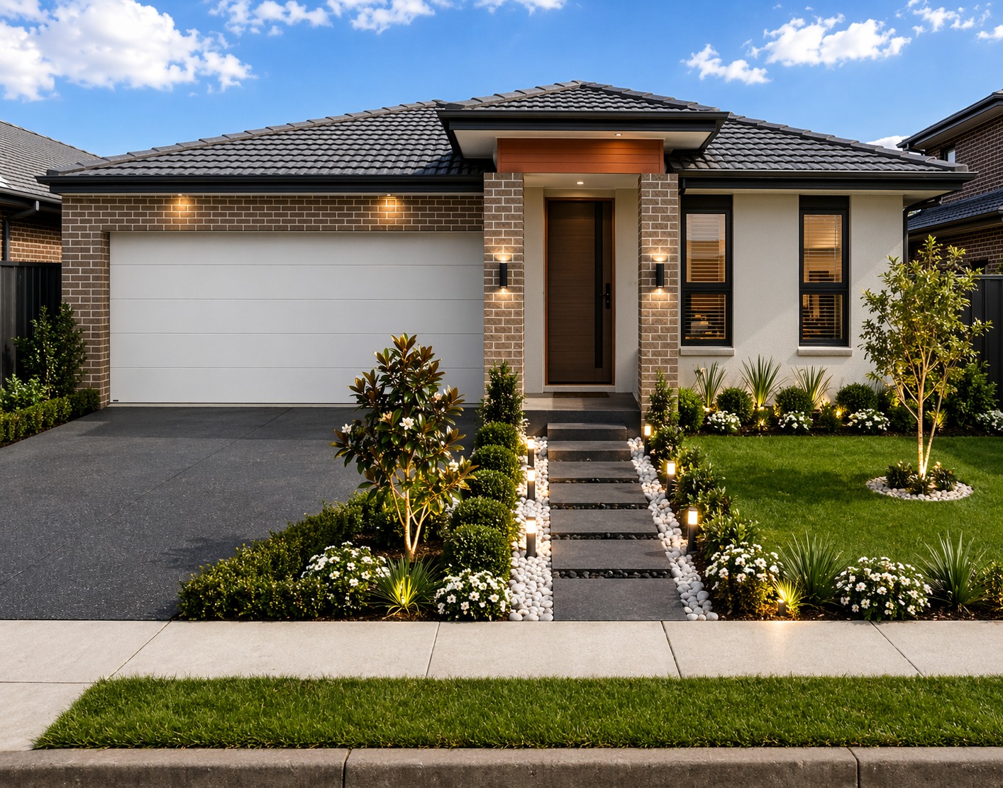 Single-storey AR Homes residence with hipped roof and landscaped entry path