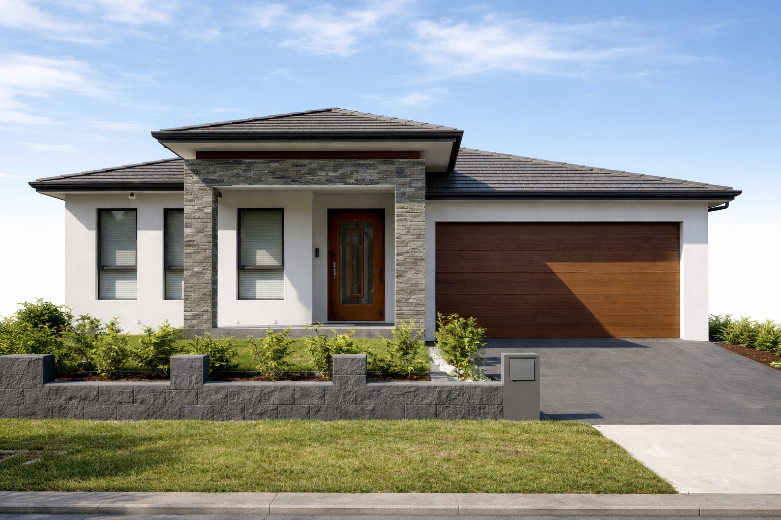 Single-storey home with hipped roof, stone column detail and timber garage door