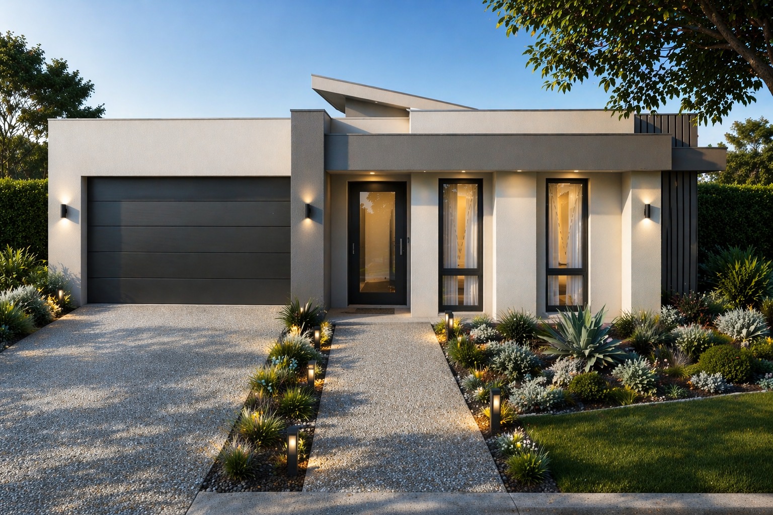 Contemporary single-storey home with skillion roof and tall feature windows